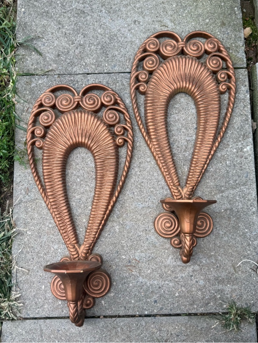 Vintage Set 2 Burwood Copper Toned Hollywood Regency Candle Sconces Ornate 17”